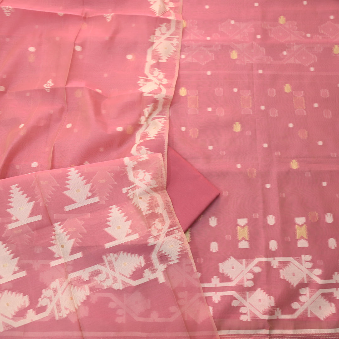 Raajhan Rosy Pink in Zari with Authentic Jamdani Weaved Suit Set
