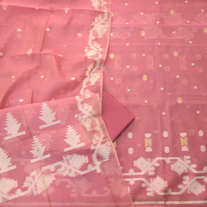 Raajhan Rosy Pink in Zari with Authentic Jamdani Weaved Suit Set