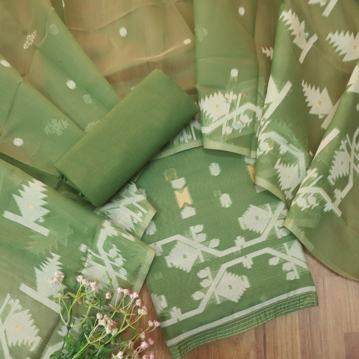 Raajhan Garden Green in Zari with Authentic Jamdani Weaved Suit Set
