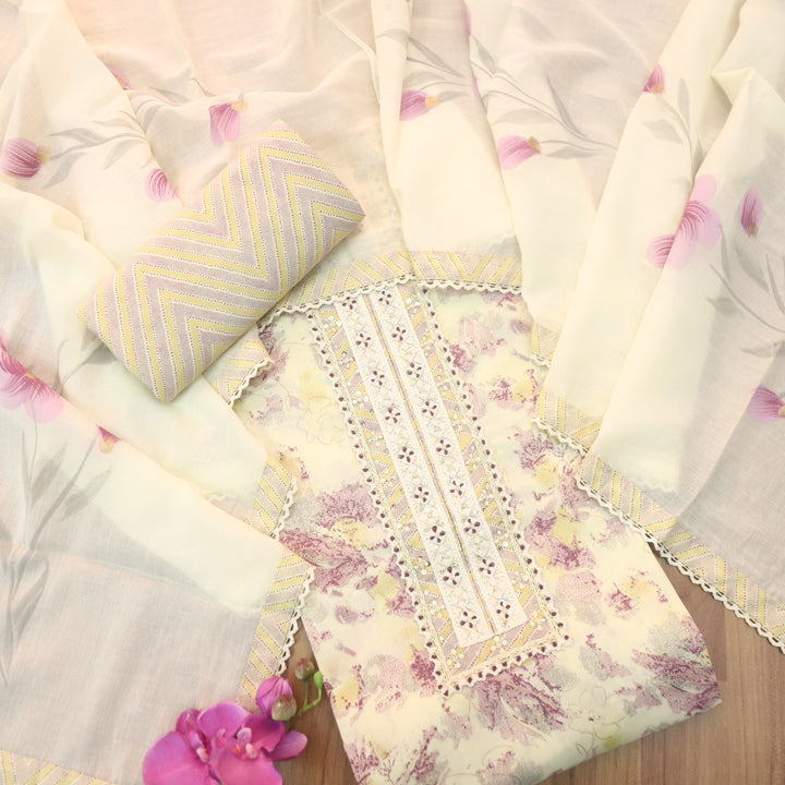 Suroor Beige With Purple Embellished Lace Work Neck Floral Printed Cotton Set