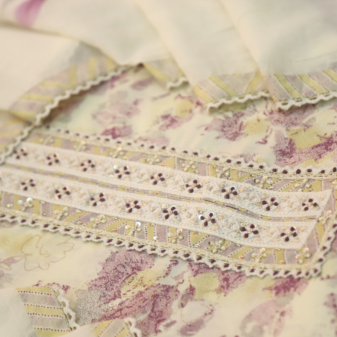 Suroor Beige With Purple Embellished Lace Work Neck Floral Printed Cotton Set