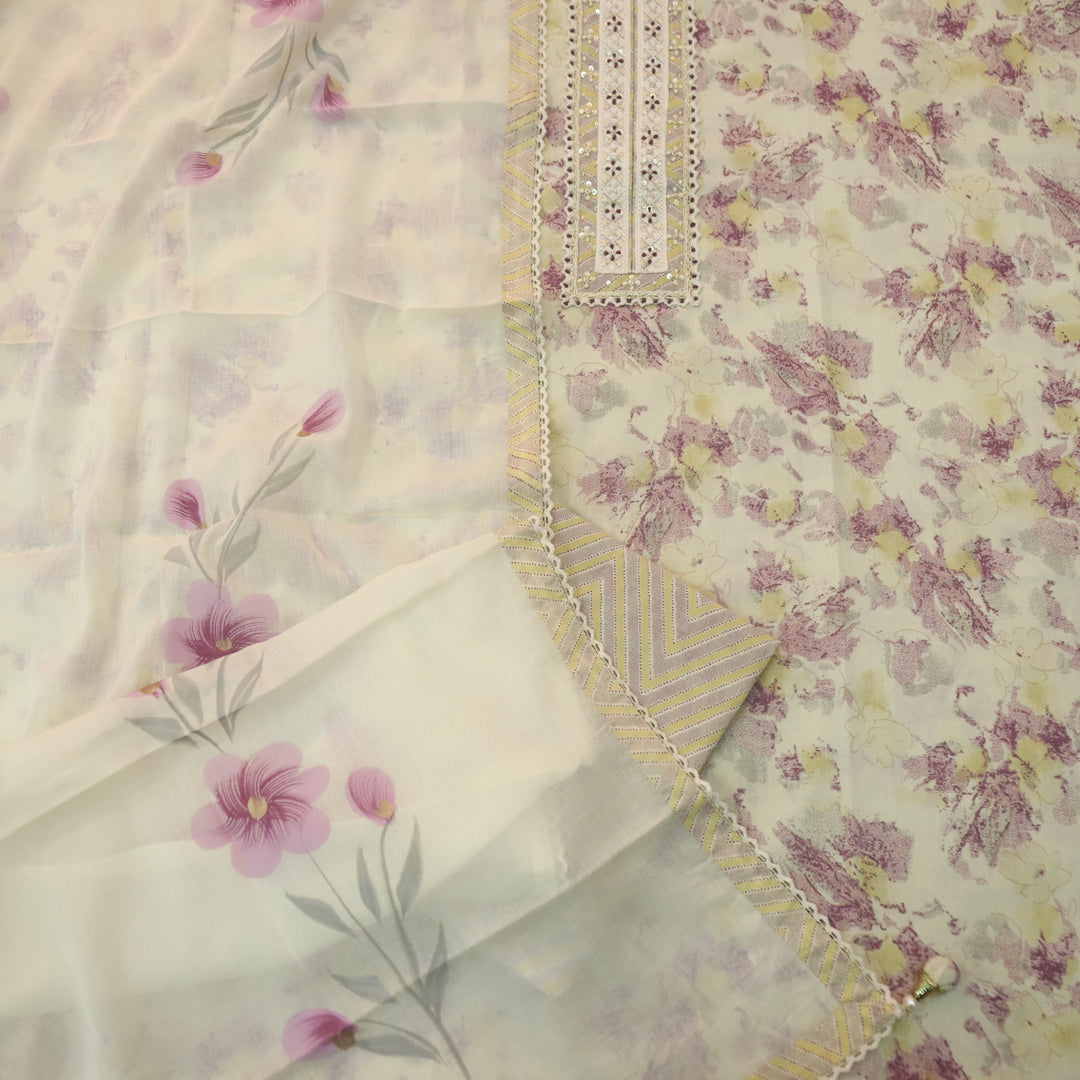 Suroor Beige With Purple Embellished Lace Work Neck Floral Printed Cotton Set