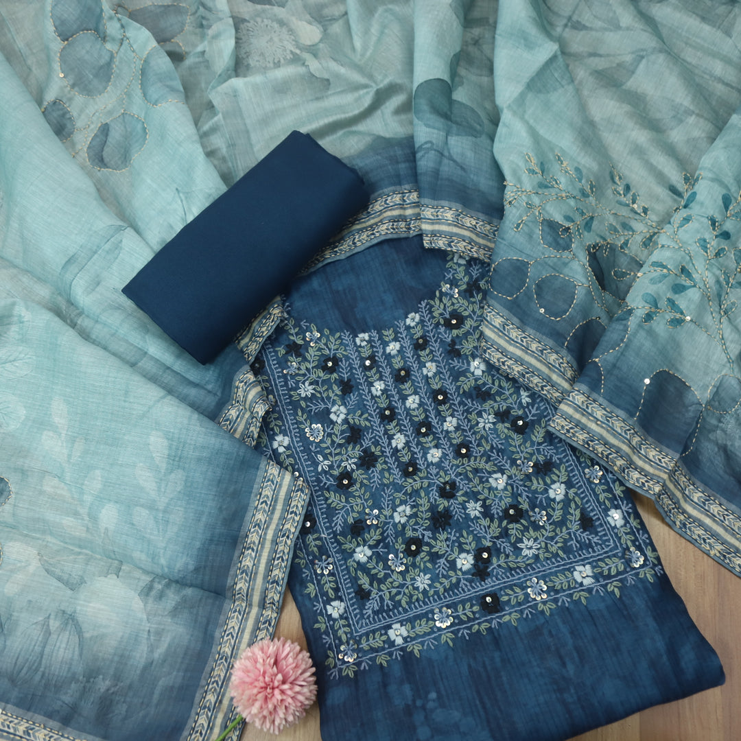 Kashvi Classic Blue Kantha Embroidery Neck Work Chanderi Suit Set