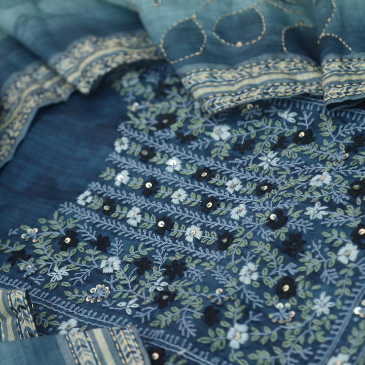 Kashvi Classic Blue Kantha Embroidery Neck Work Chanderi Suit Set