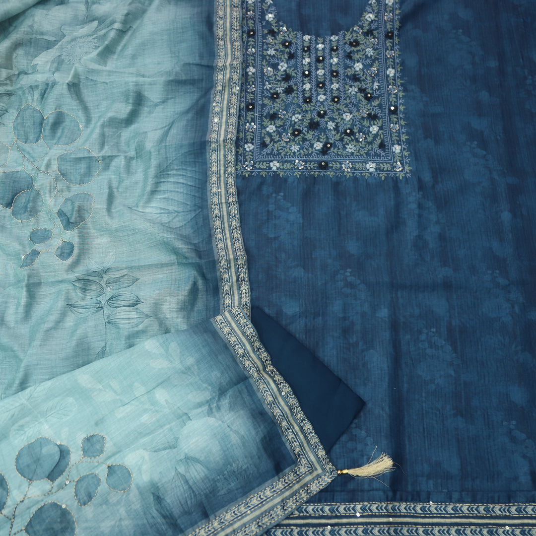 Kashvi Classic Blue Kantha Embroidery Neck Work Chanderi Suit Set