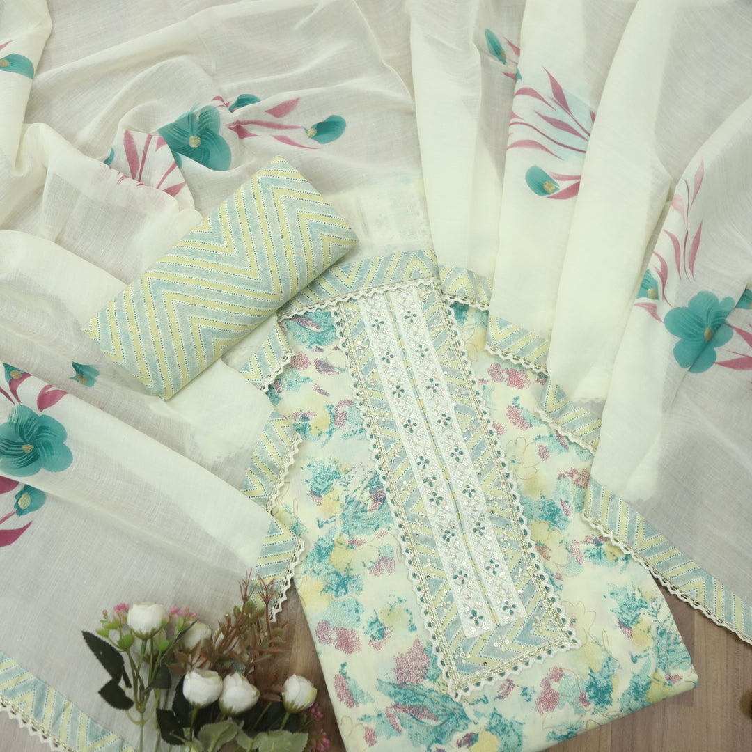 Suroor Beige With Teal Embellished Lace Work Neck Floral Printed Cotton Set
