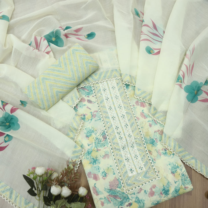 Suroor Beige With Teal Embellished Lace Work Neck Floral Printed Cotton Set