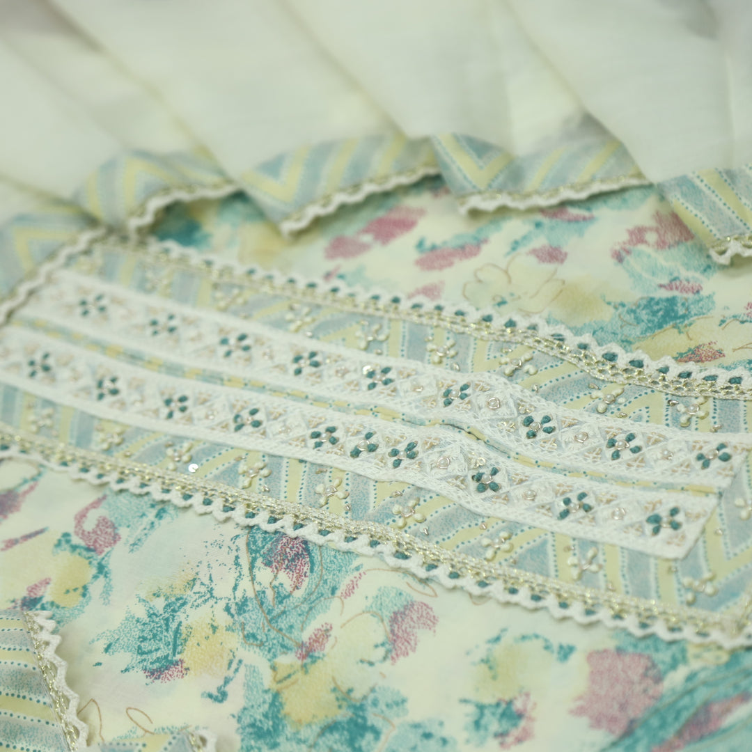 Suroor Beige With Teal Embellished Lace Work Neck Floral Printed Cotton Set