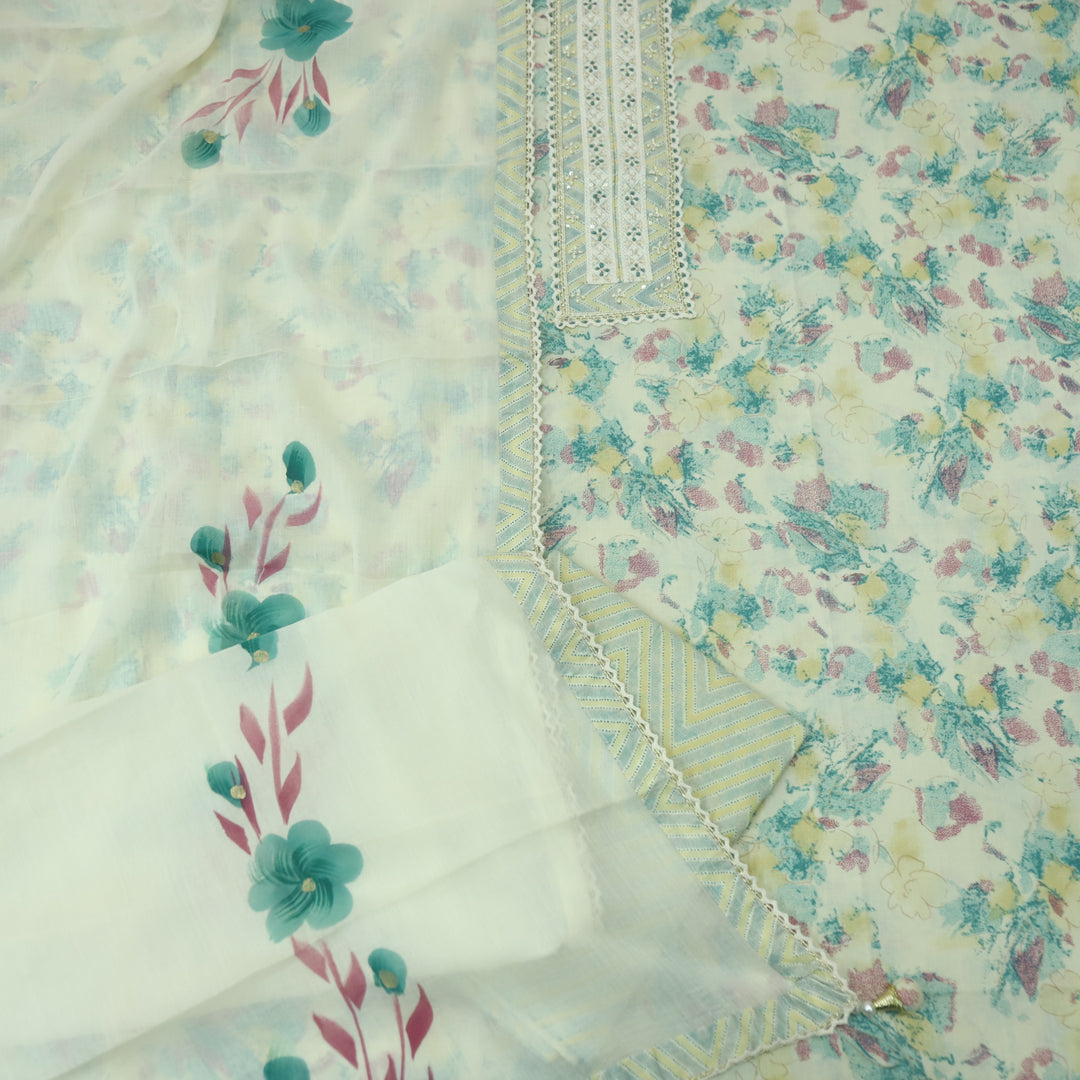 Suroor Beige With Teal Embellished Lace Work Neck Floral Printed Cotton Set