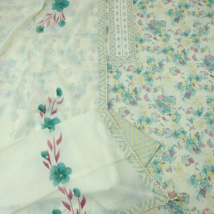 Suroor Beige With Teal Embellished Lace Work Neck Floral Printed Cotton Set