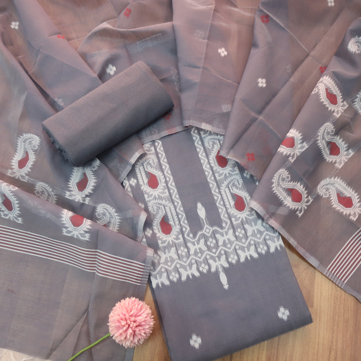 Raajheya Fossil Grey with Authentic Jamdani Weaved Chanderi Suit Set