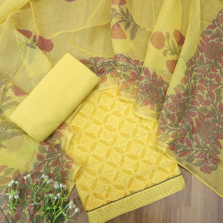 Kashi Corn Yellow Reverse Applique Work Digital Self Printed Cotton Suit Set