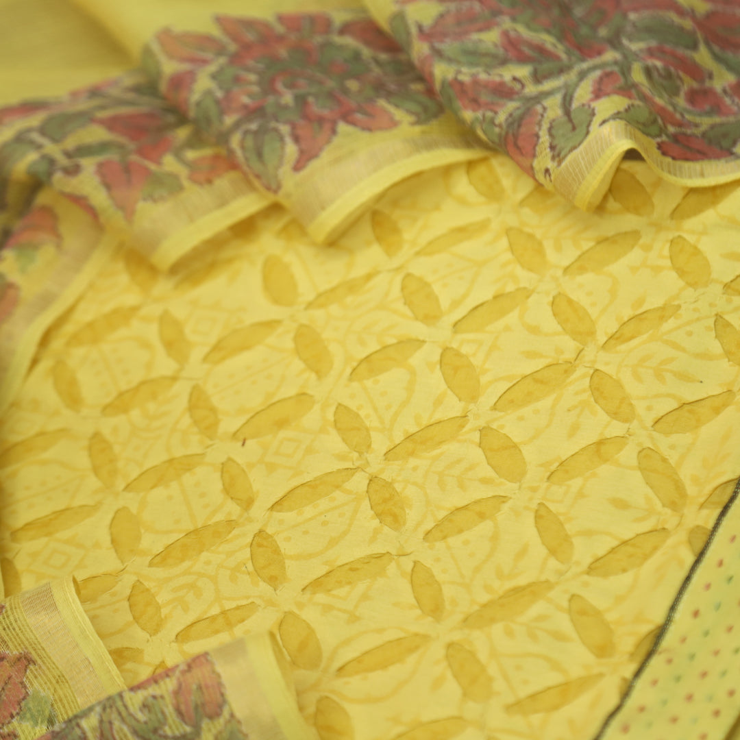 Kashi Corn Yellow Reverse Applique Work Digital Self Printed Cotton Suit Set