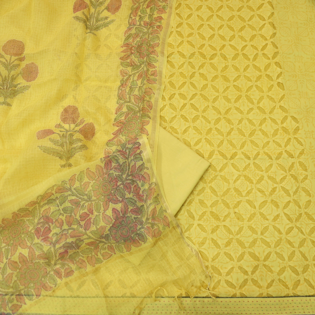 Kashi Corn Yellow Reverse Applique Work Digital Self Printed Cotton Suit Set