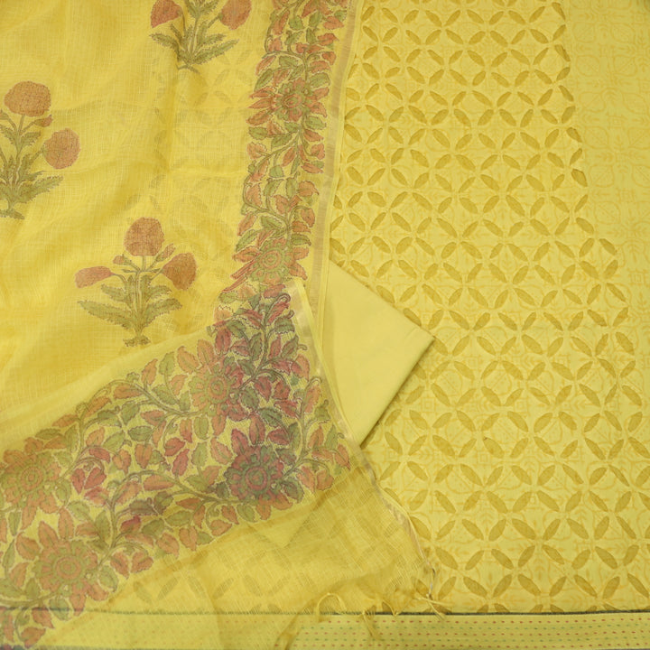 Kashi Corn Yellow Reverse Applique Work Digital Self Printed Cotton Suit Set