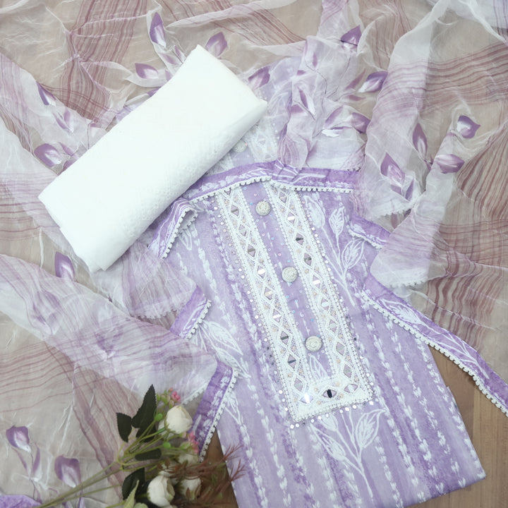 Raina Tulip Lilac Moti with Lace Neck Work Printed Cotton Suit Set