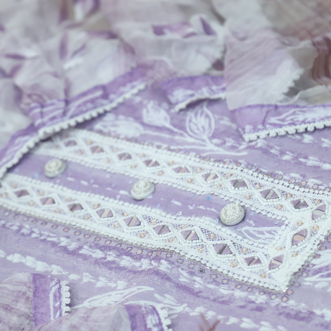 Raina Tulip Lilac Moti with Lace Neck Work Printed Cotton Suit Set