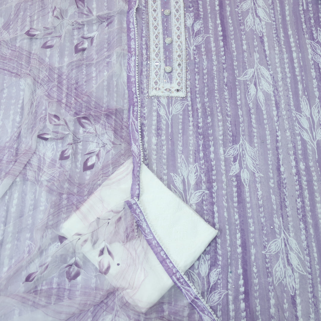 Raina Tulip Lilac Moti with Lace Neck Work Printed Cotton Suit Set