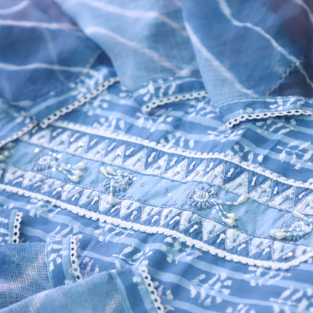 Rubi Sapphire Blue Embellished Neckline Work Dabu Printed Cotton Suit Set