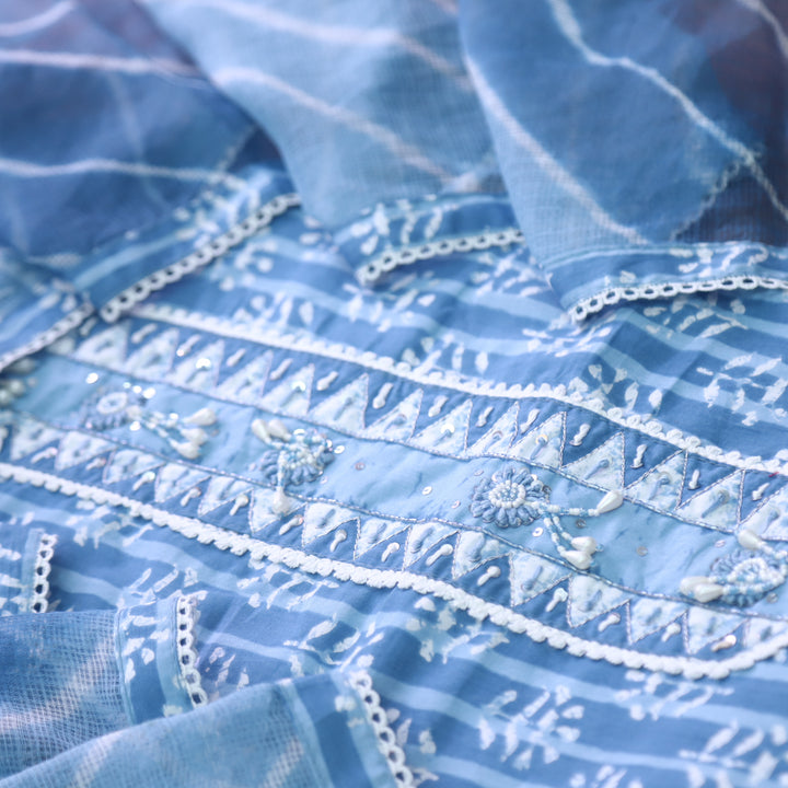 Rubi Sapphire Blue Embellished Neckline Work Dabu Printed Cotton Suit Set
