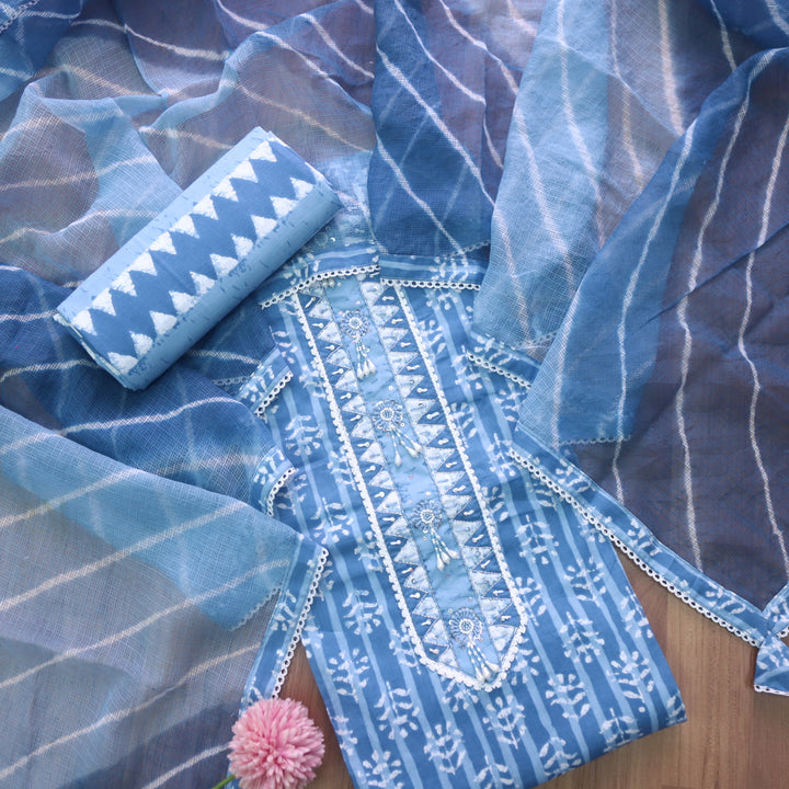 Rubi Sapphire Blue Embellished Neckline Work Dabu Printed Cotton Suit Set
