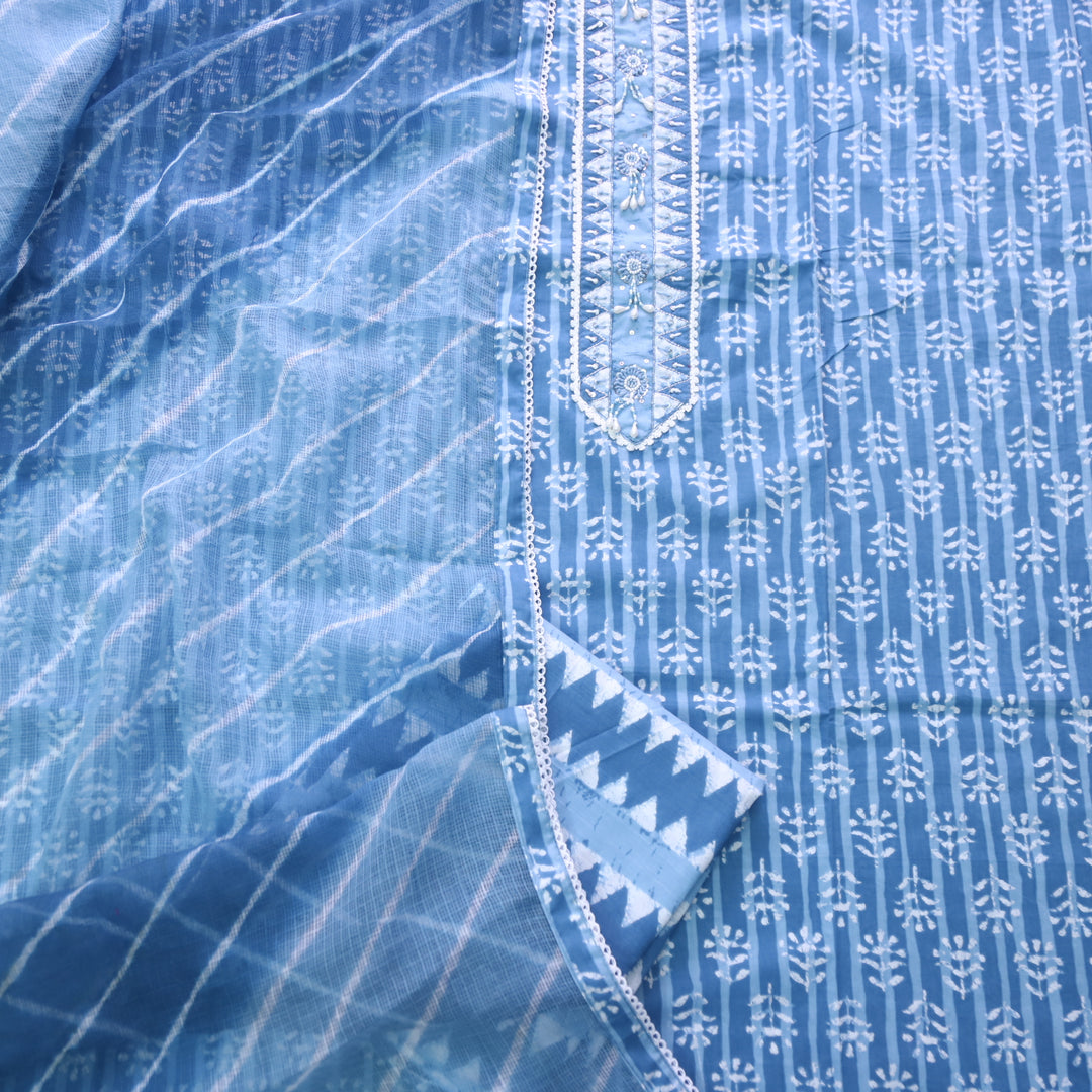 Rubi Sapphire Blue Embellished Neckline Work Dabu Printed Cotton Suit Set