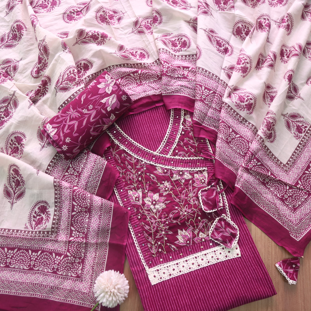 Raina Blueberry Wine Embellish Angrakha Neck Style Printed Cotton Suit Set