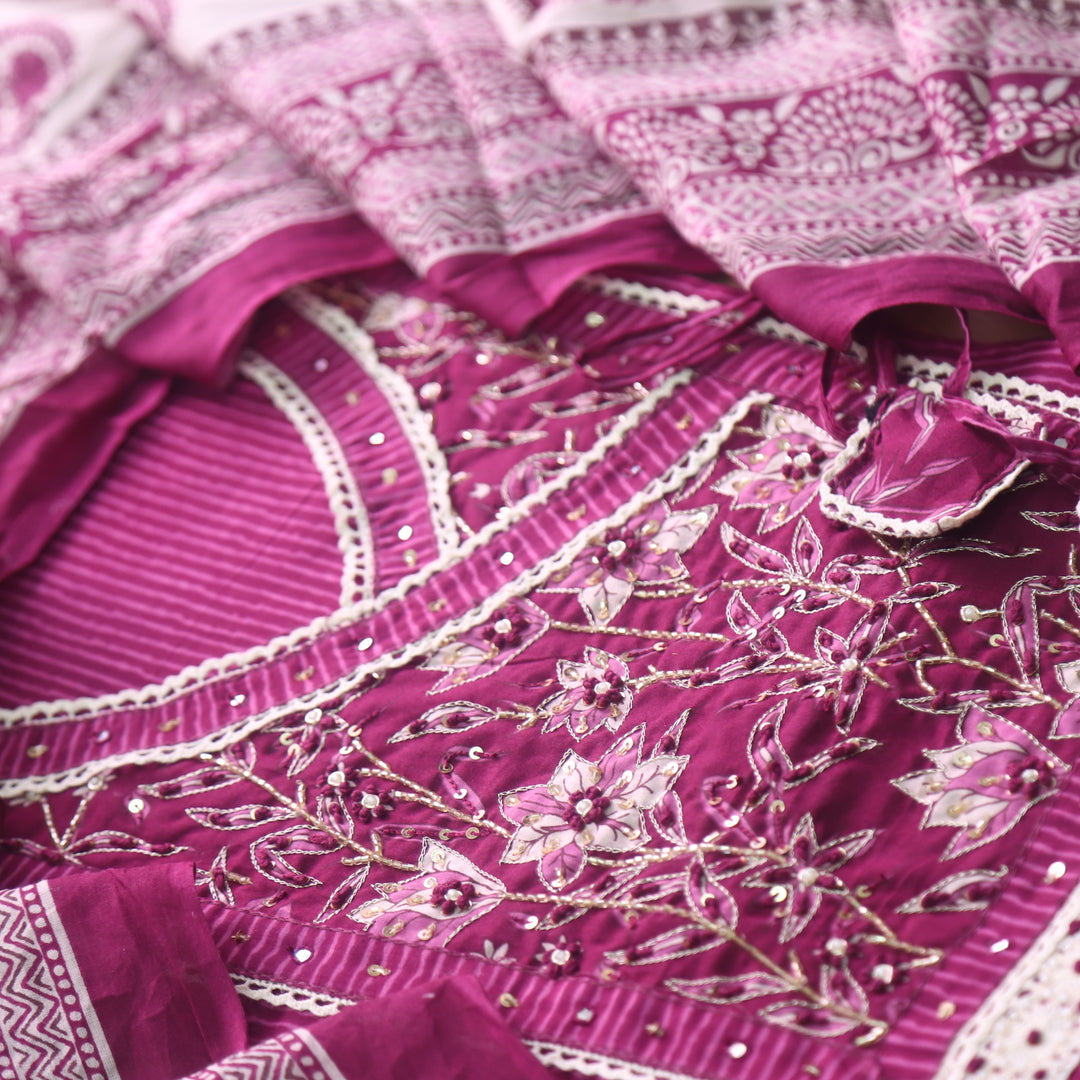Raina Blueberry Wine Embellish Angrakha Neck Style Printed Cotton Suit Set