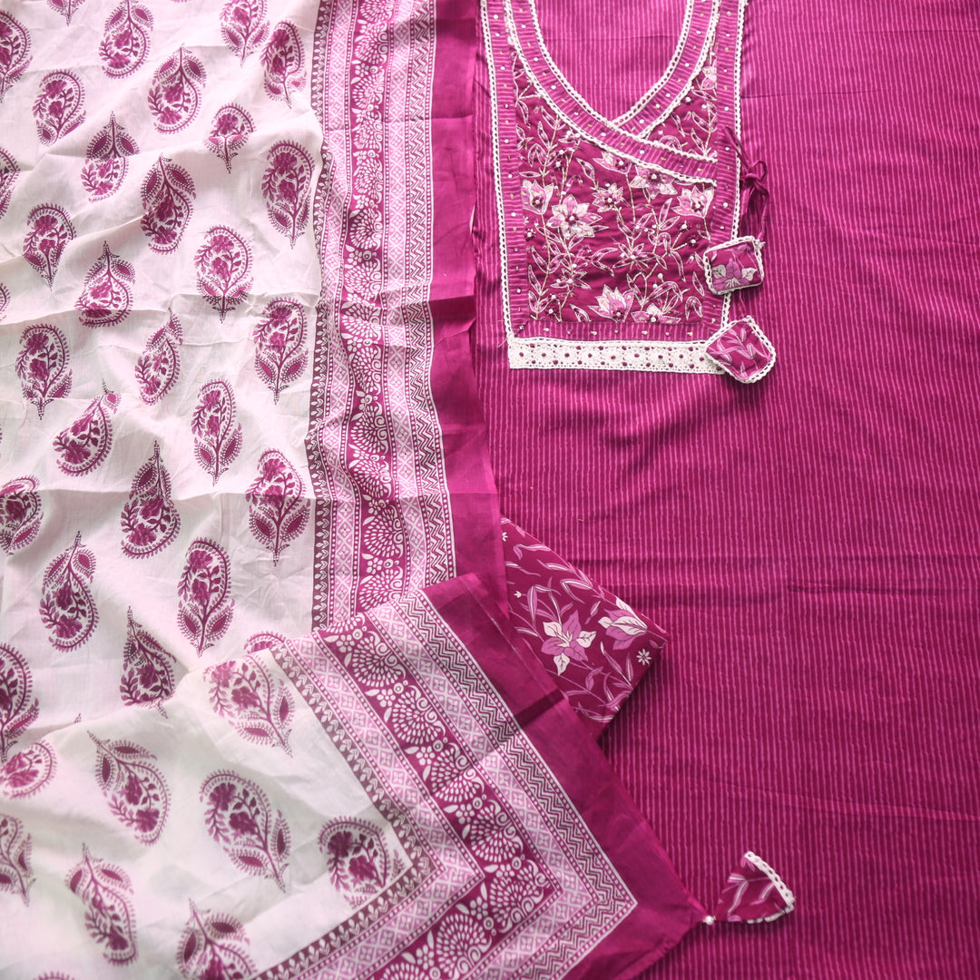 Raina Blueberry Wine Embellish Angrakha Neck Style Printed Cotton Suit Set