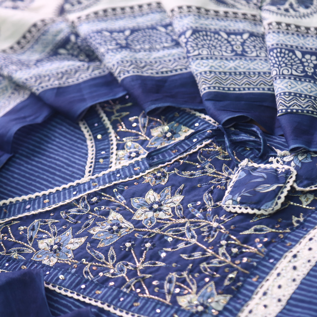 Raina Denim Blue Embellish Angrakha Neck Style Printed Cotton Suit Set
