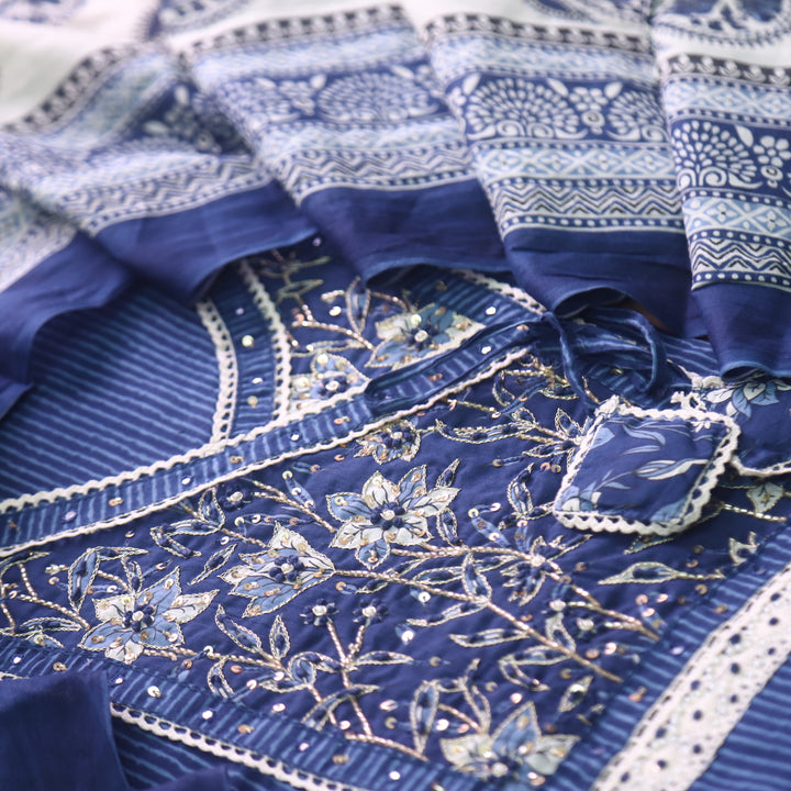 Raina Denim Blue Embellish Angrakha Neck Style Printed Cotton Suit Set