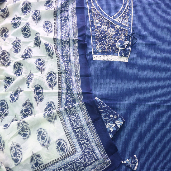 Raina Denim Blue Embellish Angrakha Neck Style Printed Cotton Suit Set