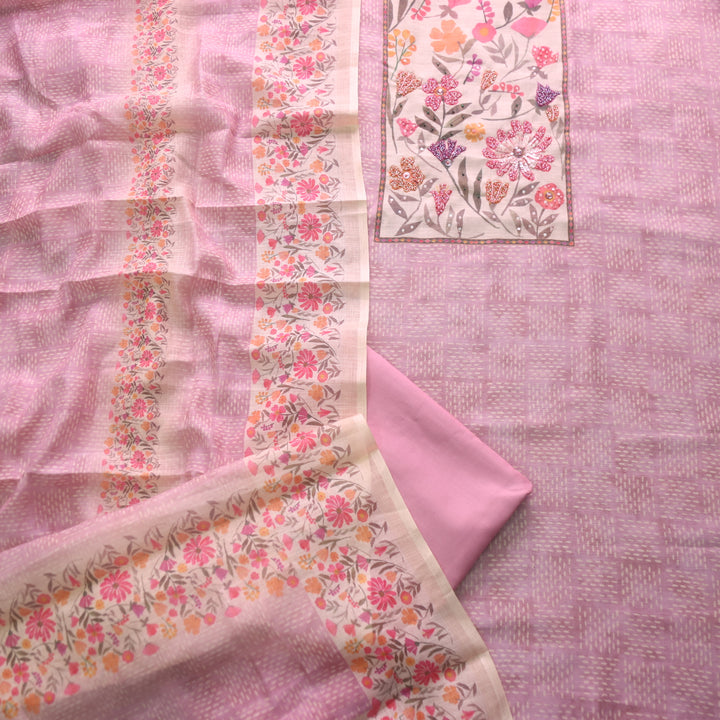 Sadha Mauve Pink Floral Patch Neck with Moti Work Detailing Cotton Linen Set