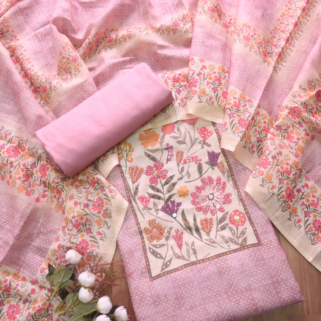 Sadha Mauve Pink Floral Patch Neck with Moti Work Detailing Cotton Linen Set