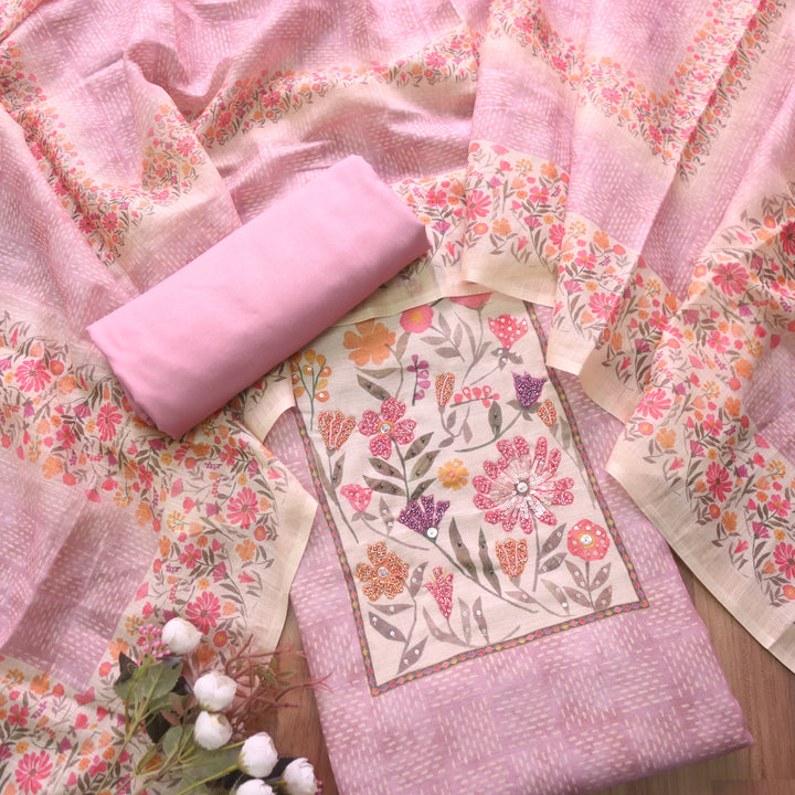 Sadha Mauve Pink Floral Patch Neck with Moti Work Detailing Cotton Linen Set