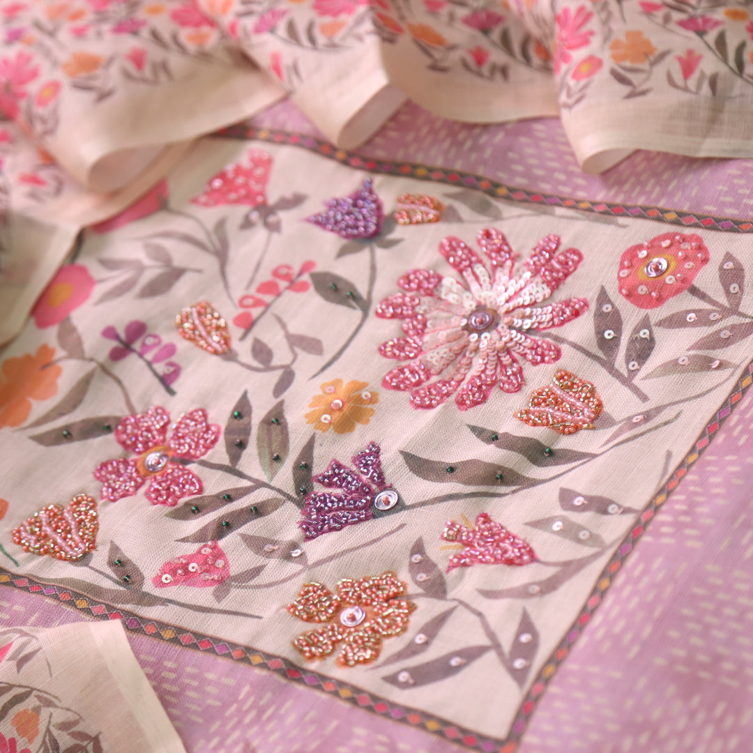 Sadha Mauve Pink Floral Patch Neck with Moti Work Detailing Cotton Linen Set