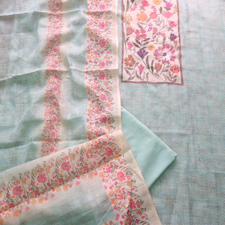 Sadha Fern Green Floral Patch Neck with Moti Work Detailing Cotton Linen Set
