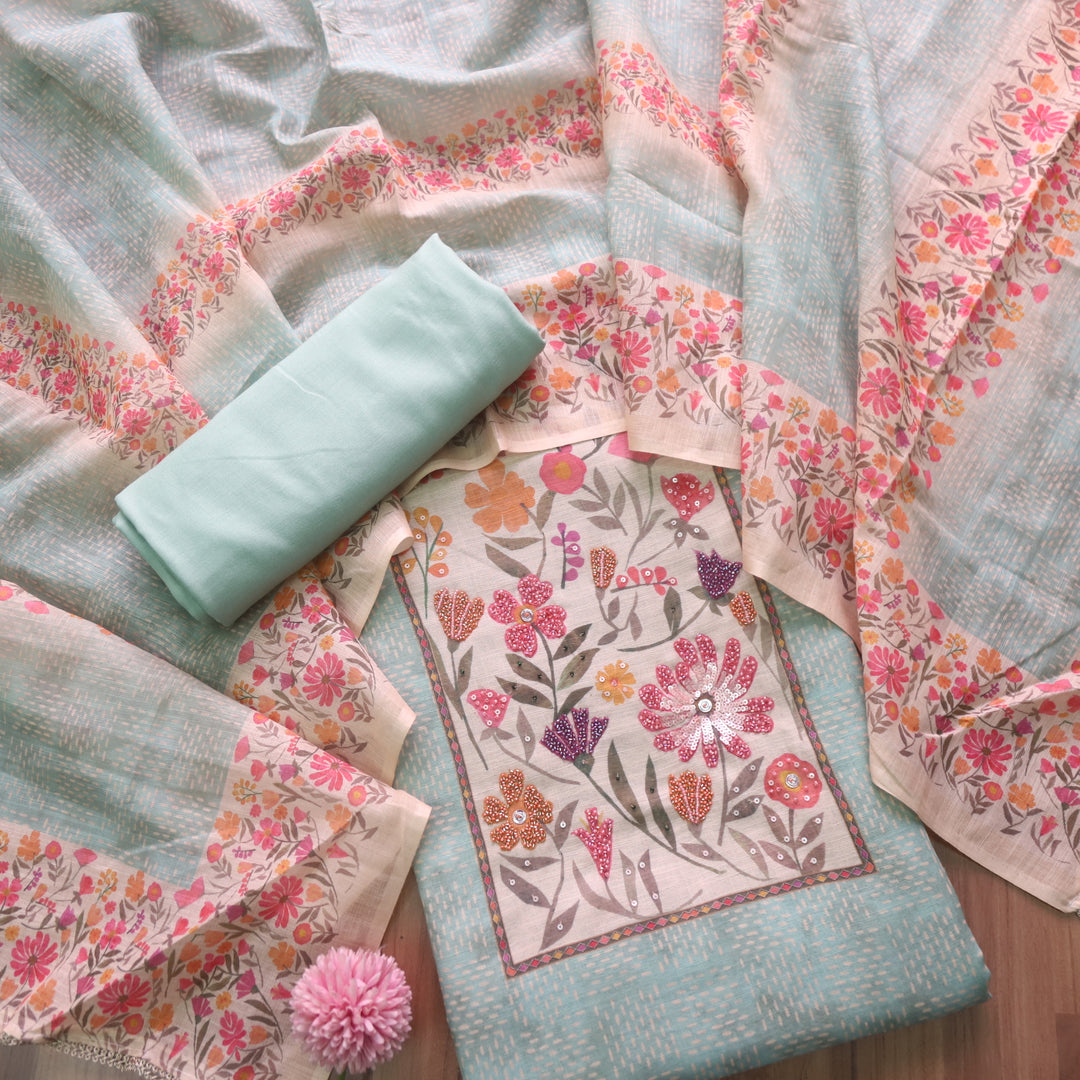 Sadha Fern Green Floral Patch Neck with Moti Work Detailing Cotton Linen Set