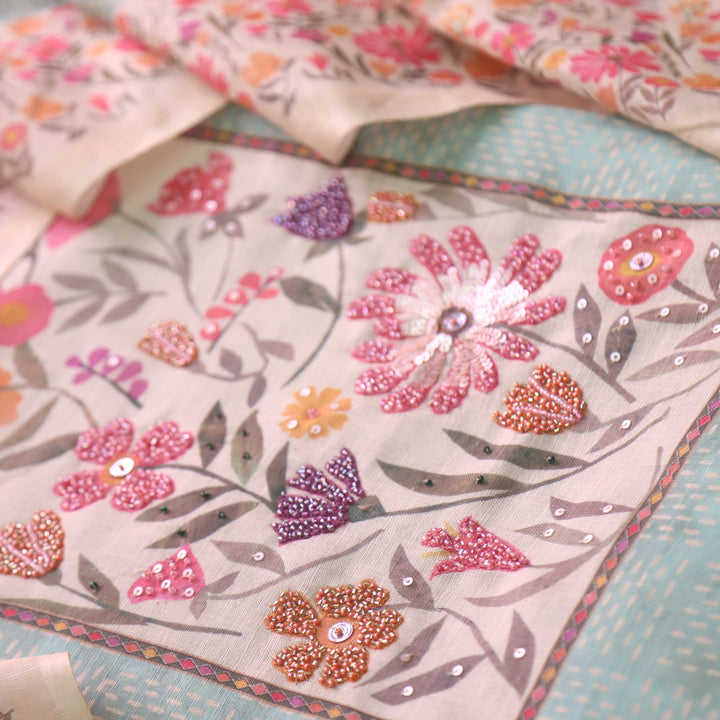 Sadha Fern Green Floral Patch Neck with Moti Work Detailing Cotton Linen Set