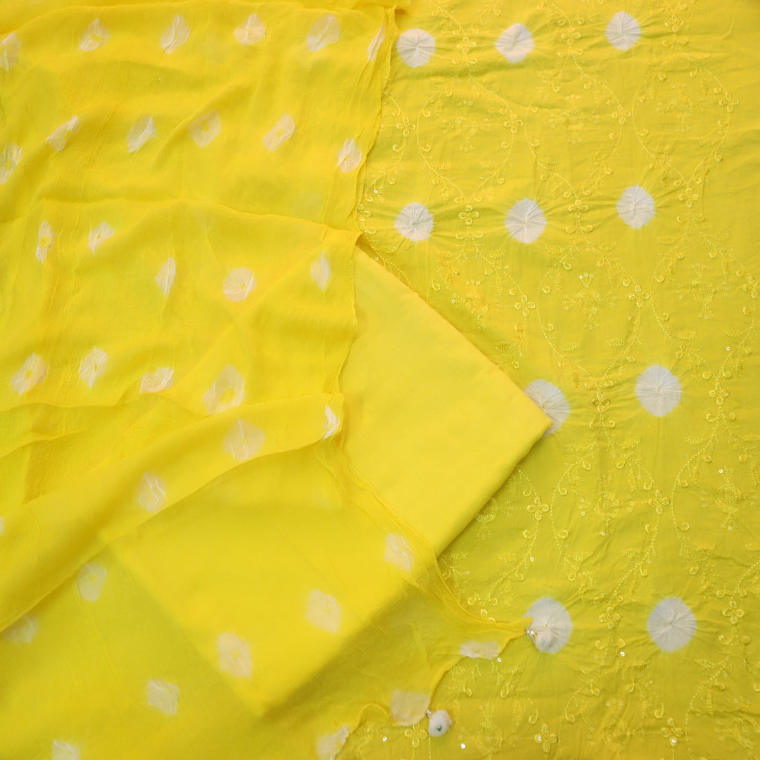 Bandegi Turmeric Yellow Authentic Bandhej with Thread Work Cotton Suit Set