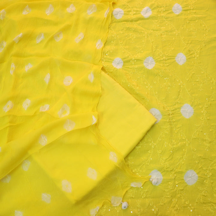 Bandegi Turmeric Yellow Authentic Bandhej with Thread Work Cotton Suit Set