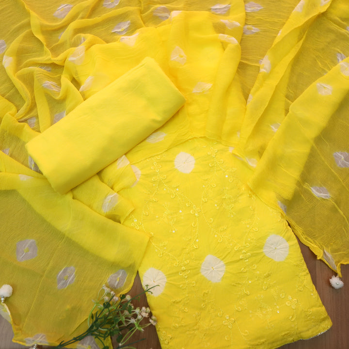 Bandegi Turmeric Yellow Authentic Bandhej with Thread Work Cotton Suit Set