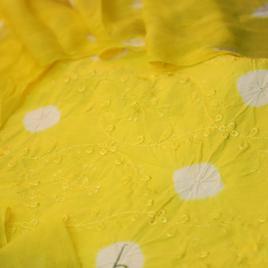 Bandegi Turmeric Yellow Authentic Bandhej with Thread Work Cotton Suit Set