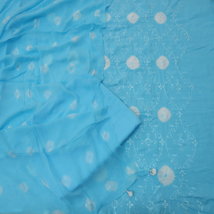 Bandegi Aqua Blue Authentic Bandhej with Thread Work Cotton Suit Set