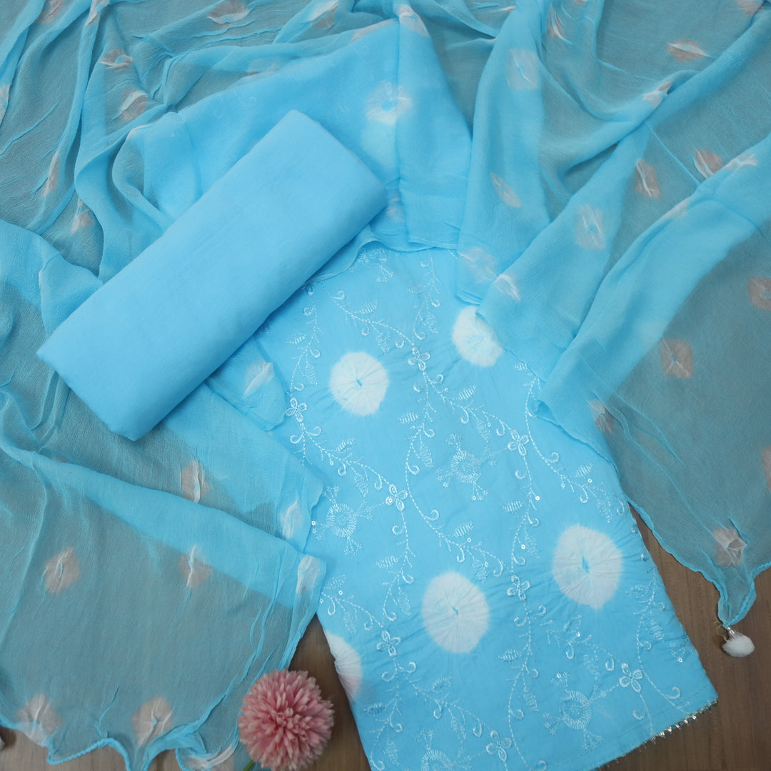 Bandegi Aqua Blue Authentic Bandhej with Thread Work Cotton Suit Set