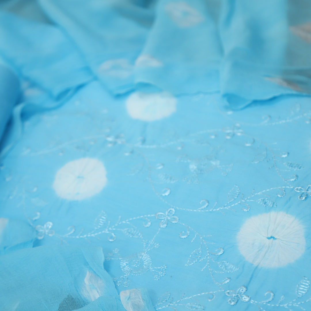 Bandegi Aqua Blue Authentic Bandhej with Thread Work Cotton Suit Set