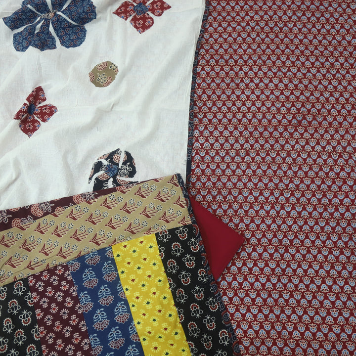 Kakaswi Maroon Cherry Floral Printed Cotton Top with Applique Work Dupatta