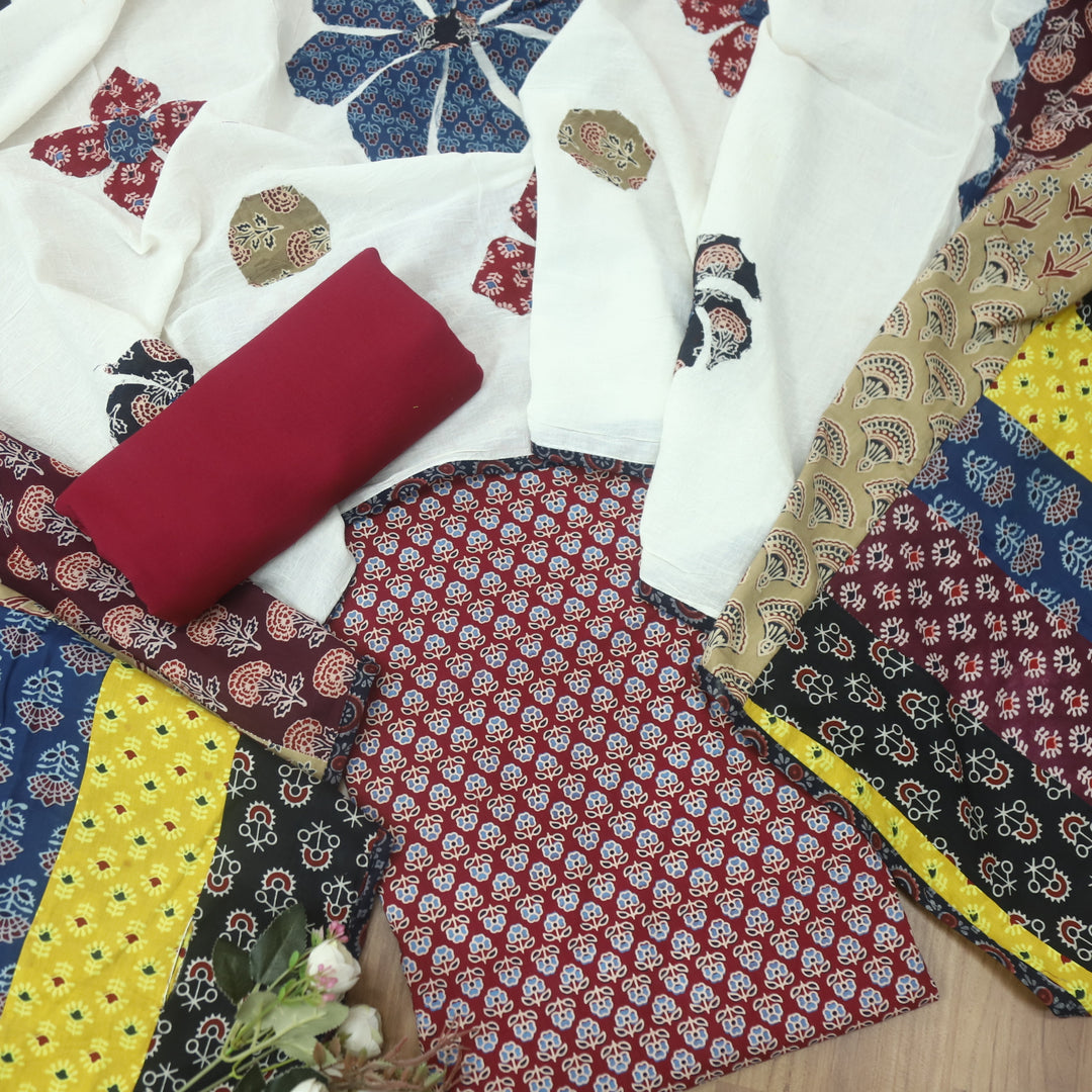 Kakaswi Maroon Cherry Floral Printed Cotton Top with Applique Work Dupatta