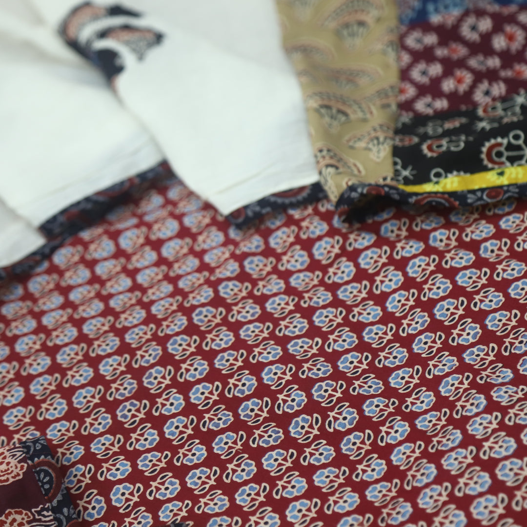 Kakaswi Maroon Cherry Floral Printed Cotton Top with Applique Work Dupatta
