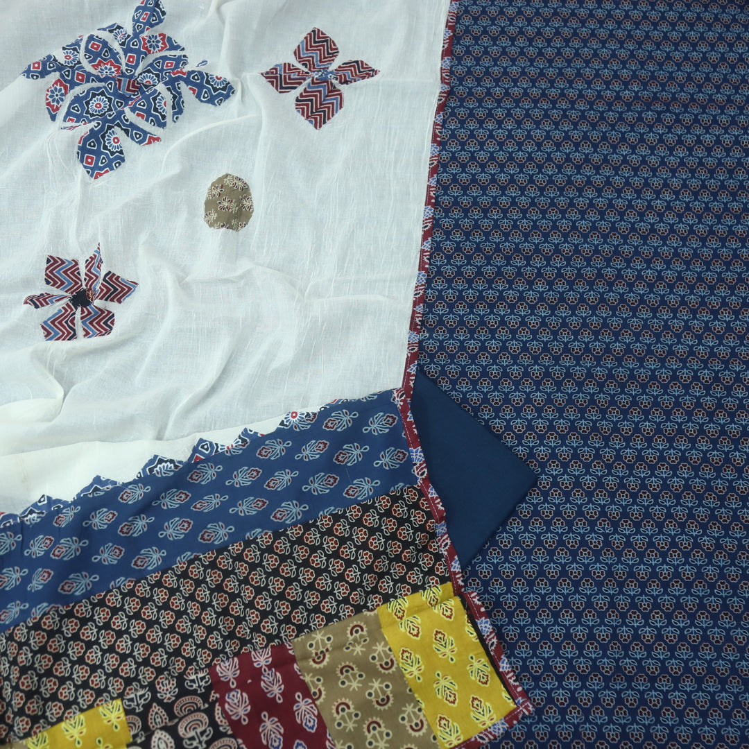 Kakaswi Denim Blue Floral Printed Cotton Top with Applique Work Dupatta